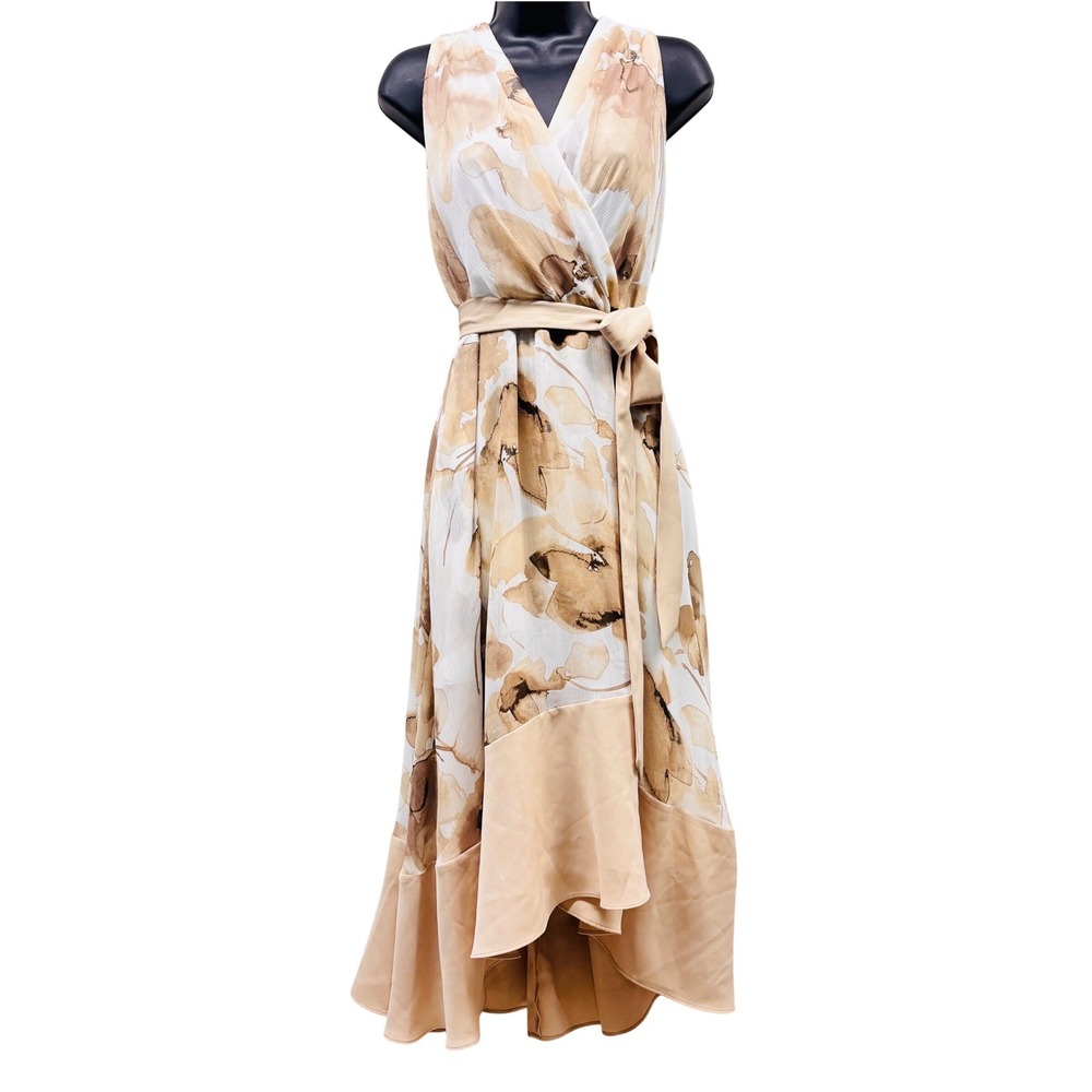 Harper Rose Tan Floral High-Low Midi Dress V-Neck Tie Waist Size 16